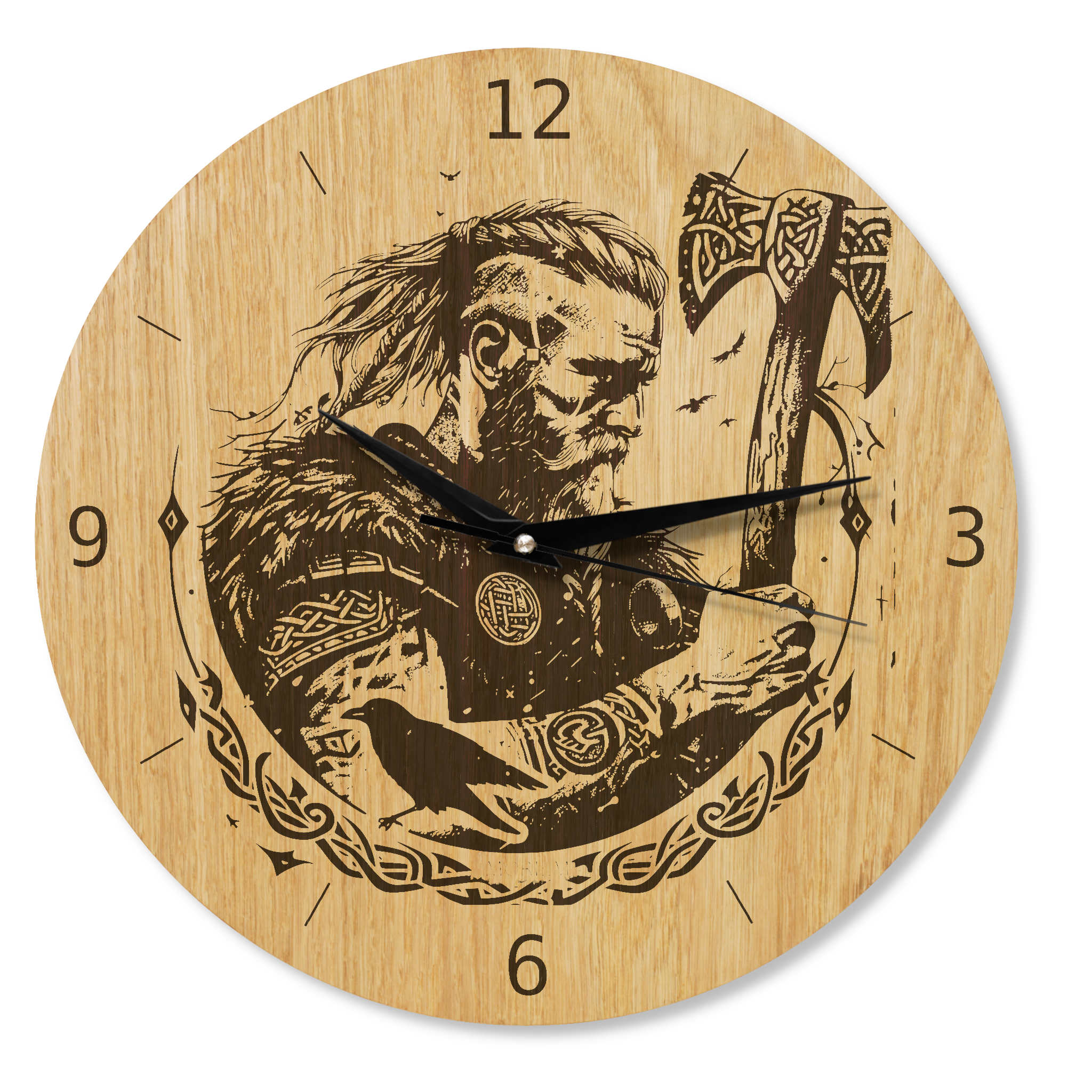 Wanduhr Holz - Wikinger Motiv Wütendem Krieger - Eiche 30 cm/40 cm Runenuhr