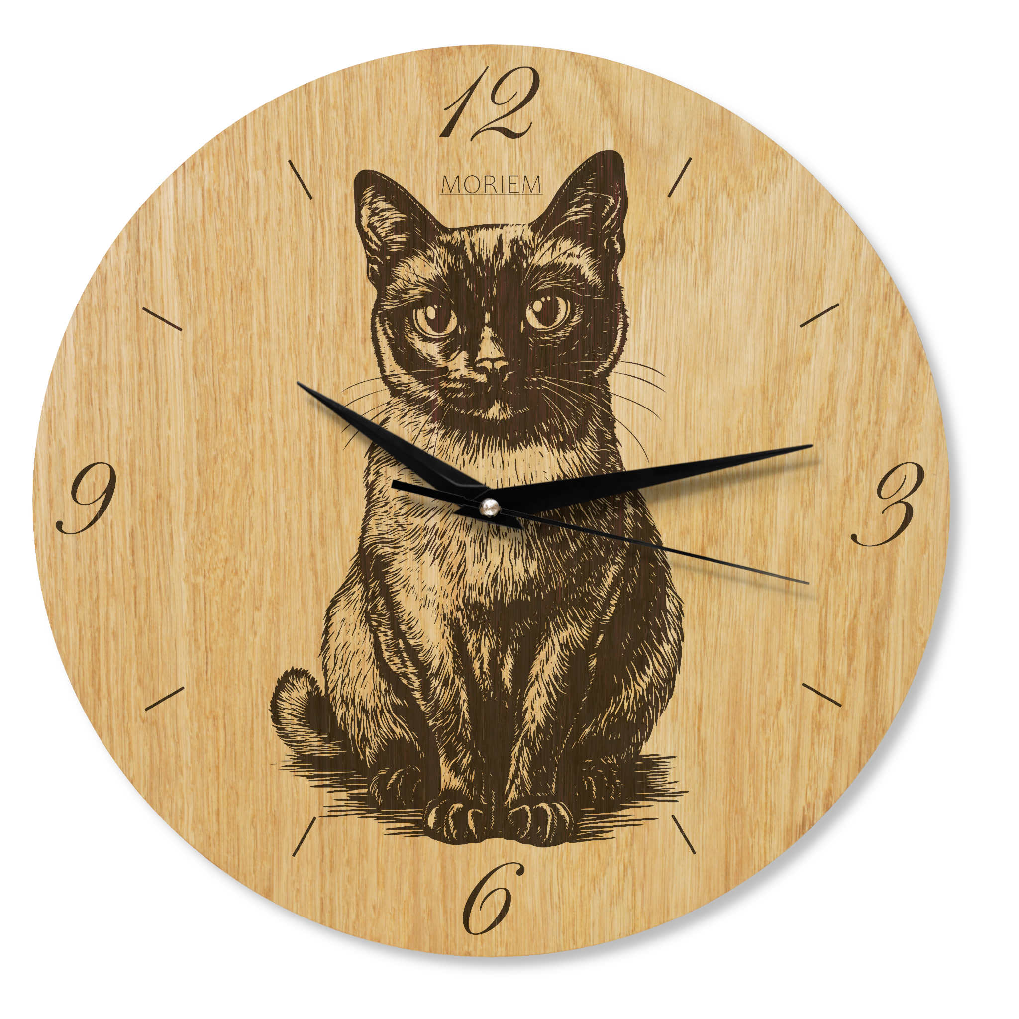 Wohnzimmeruhr aus Holz - Wanduhr mit Katzenmotiv - Eiche 30 cm/40 cm groß