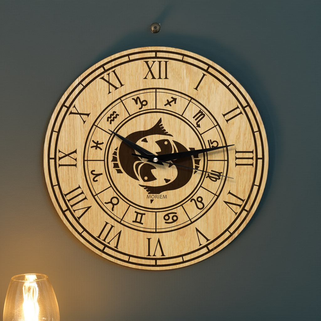 Holz Wanduhr mit Sternzeichen- Motiv Fische - 30 cm/40 cm groß