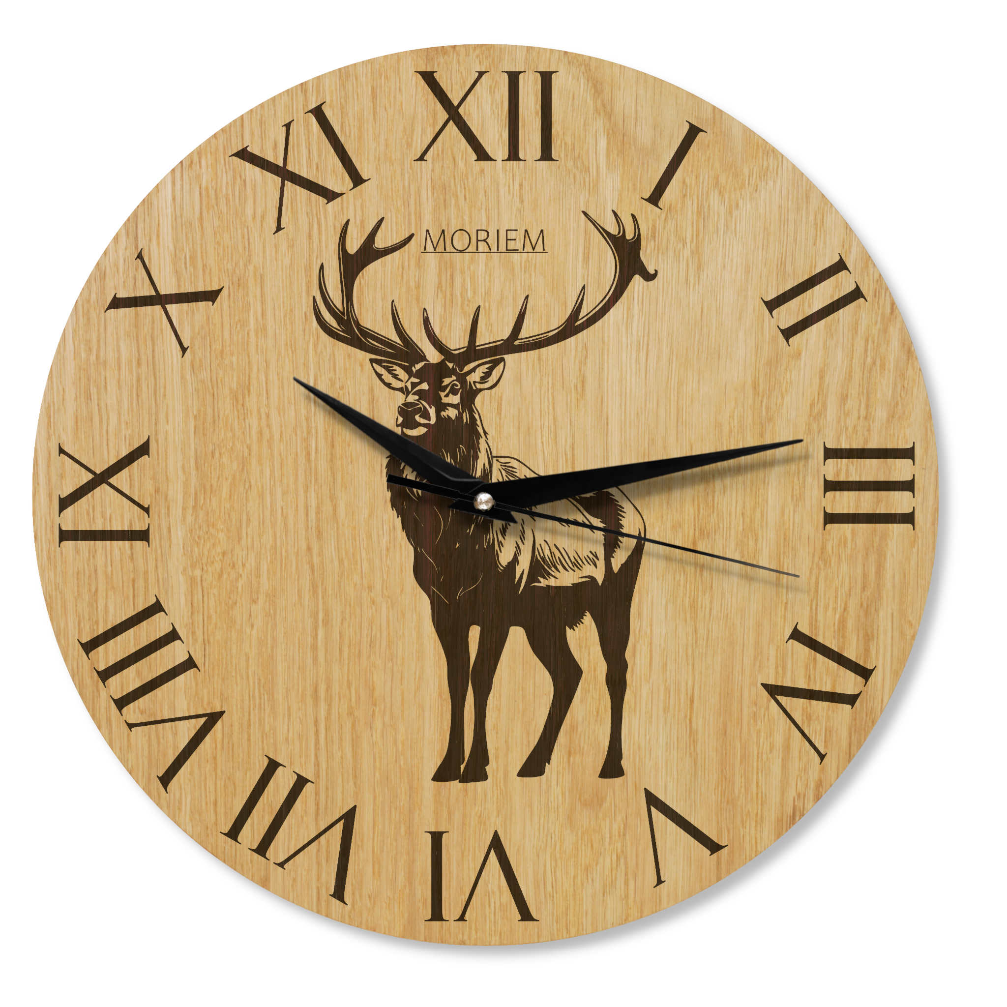 Wanduhr Holz rustikal - Wohnzimmeruhr mit Hirsch Motiv - Eiche 30 cm/40 cm groß
