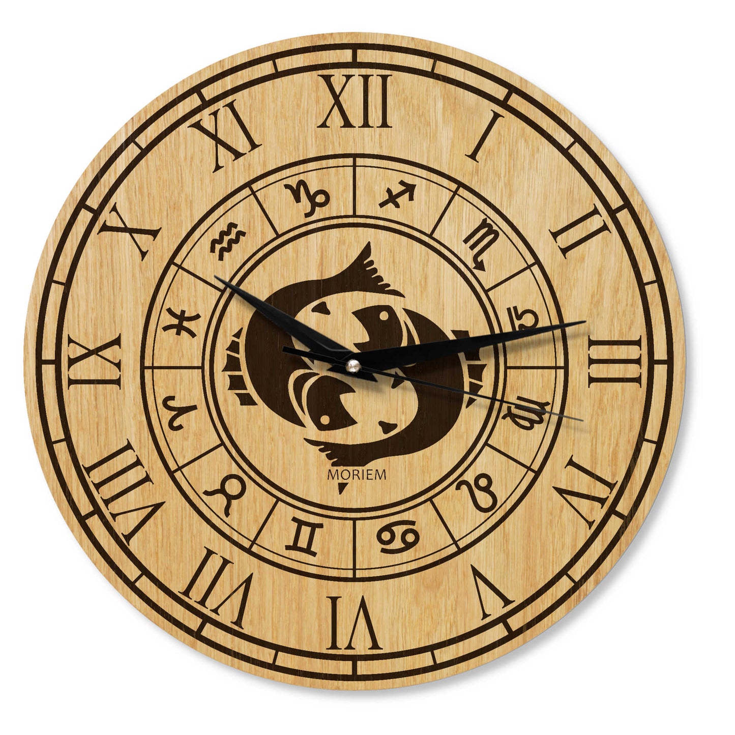 Holz Wanduhr mit Sternzeichen- Motiv Fische - 30 cm/40 cm groß