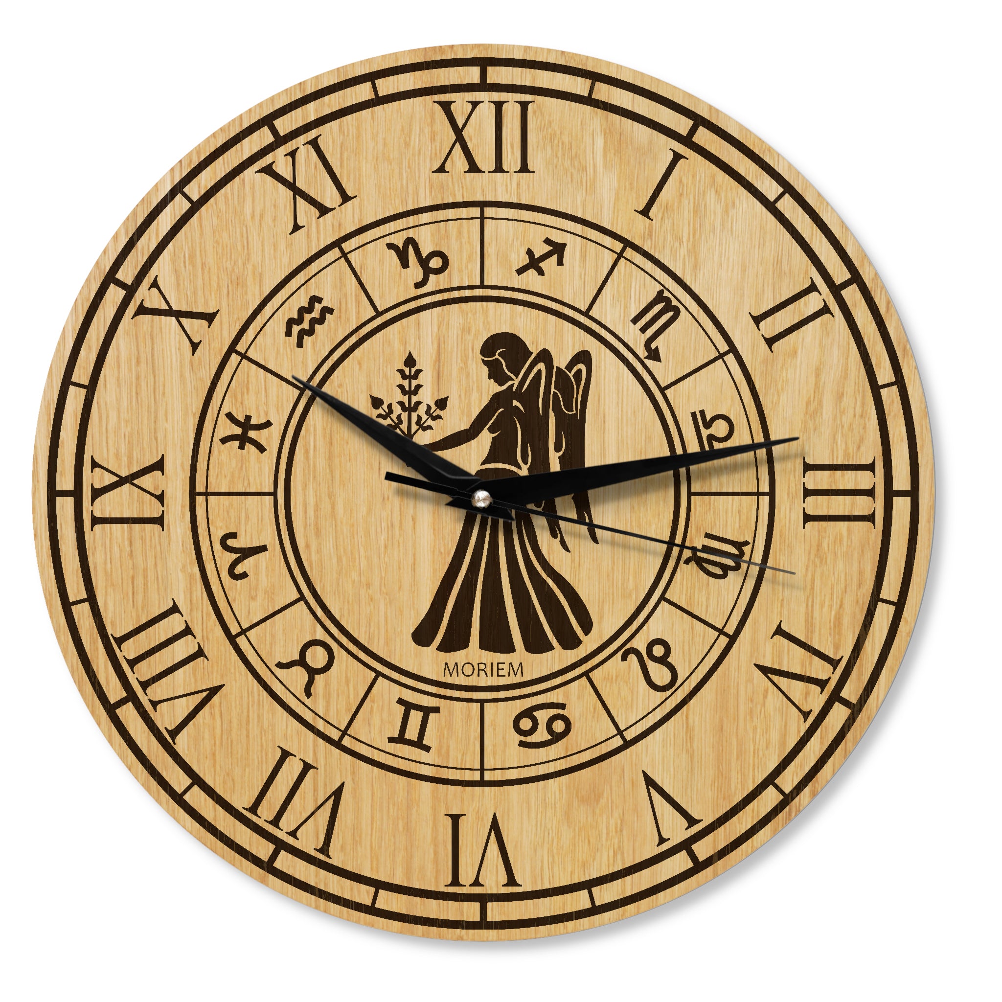 Holz Wanduhr mit Sternzeichen- Motiv Jungfrau - 30 cm/40 cm groß