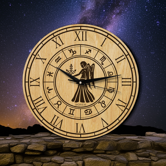 Holz Wanduhr mit Sternzeichen- Motiv Jungfrau - 30 cm/40 cm groß