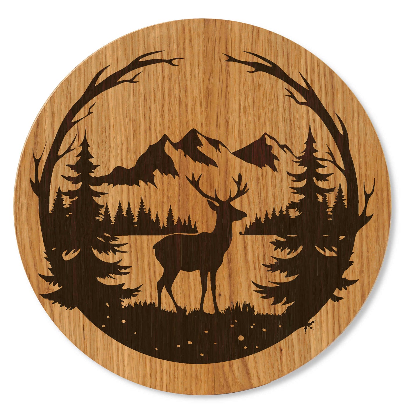 Holzbild - Wandbild Bergmotiv mit Hirsch im Wald - 30/40 cm groß
