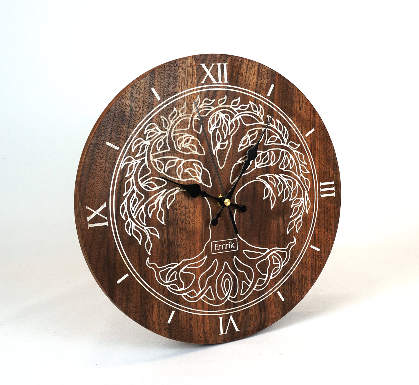 Wanduhr aus Holz Vintage Nussbaum " keltischer Baum des Lebens in Weiß "