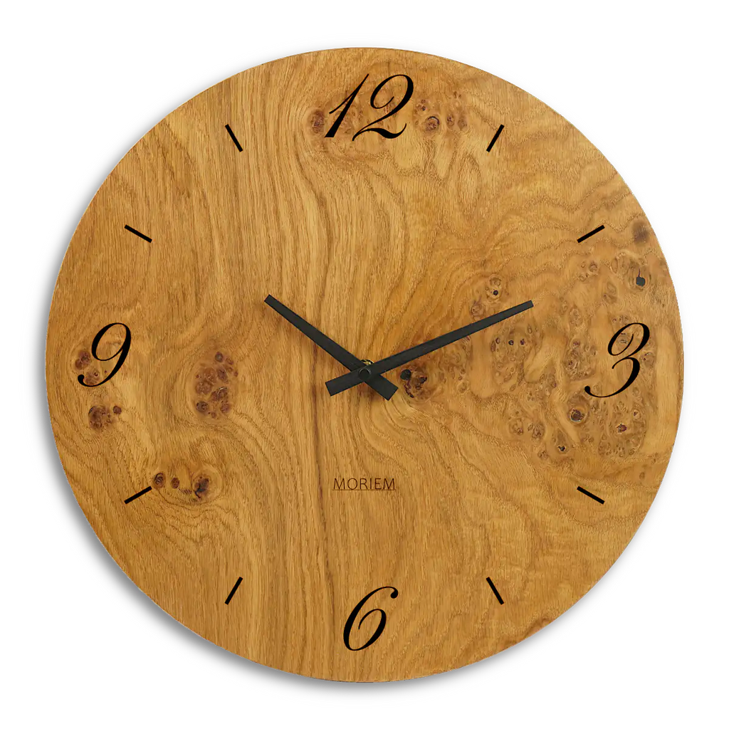 Wohnzimmeruhr aus Holz 40 cm groß  Eiche Maser furniert