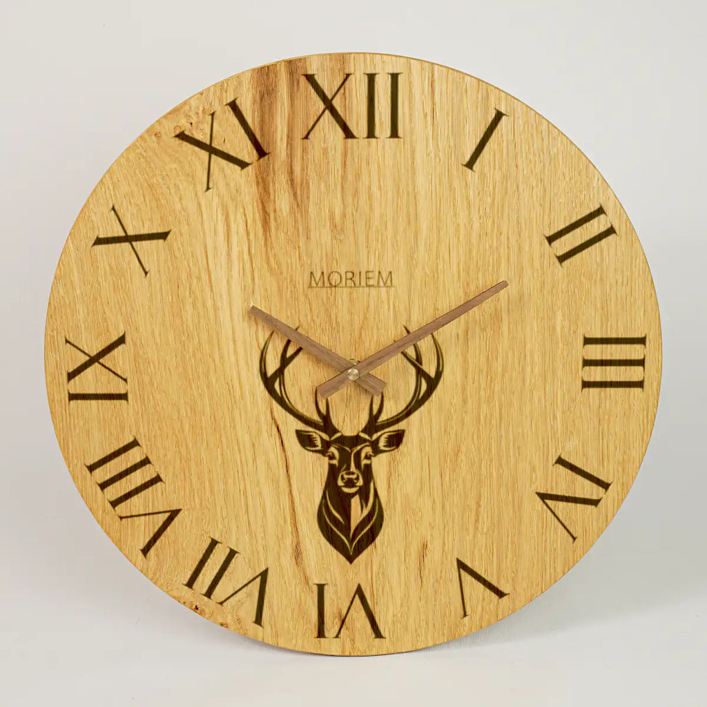 Küchenuhr Landhaus Stil - 40 cm groß Eiche - Wanduhr mit Hirschmotiv