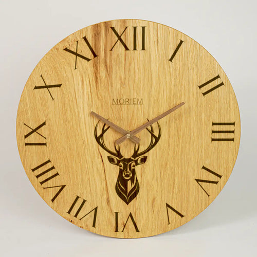Küchenuhr Landhaus Stil - 40 cm groß Eiche - Wanduhr mit Hirschmotiv