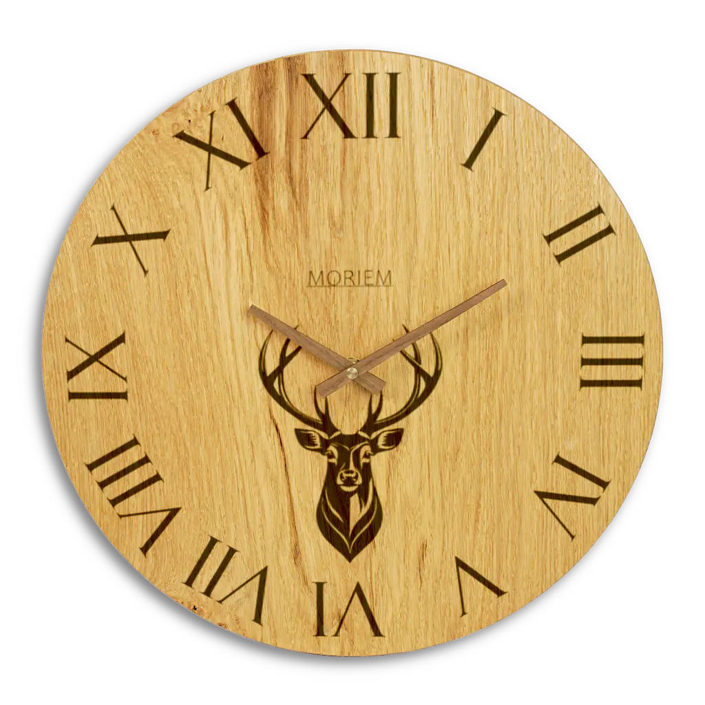 Küchenuhr Landhaus Stil - 40 cm groß Eiche - Wanduhr mit Hirschmotiv