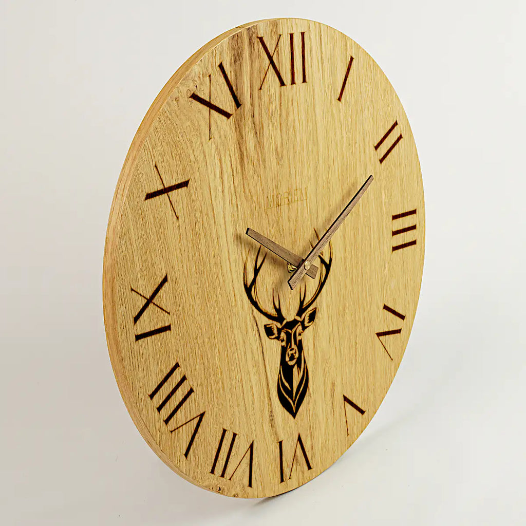Küchenuhr Landhaus Stil - 40 cm groß Eiche - Wanduhr mit Hirschmotiv