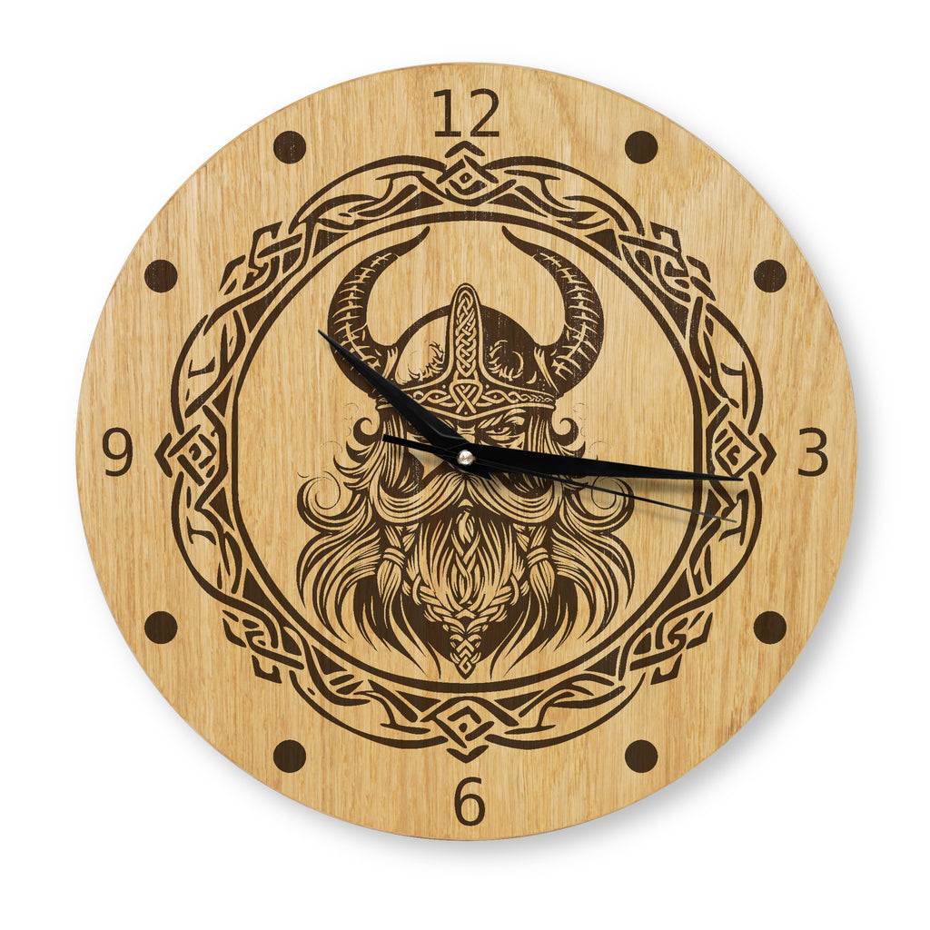 Wikinger Wanduhr Holz - Eiche - Lasergravur Wikingermotiv - 30 cm/40 cm  Wohnzimmeruhr