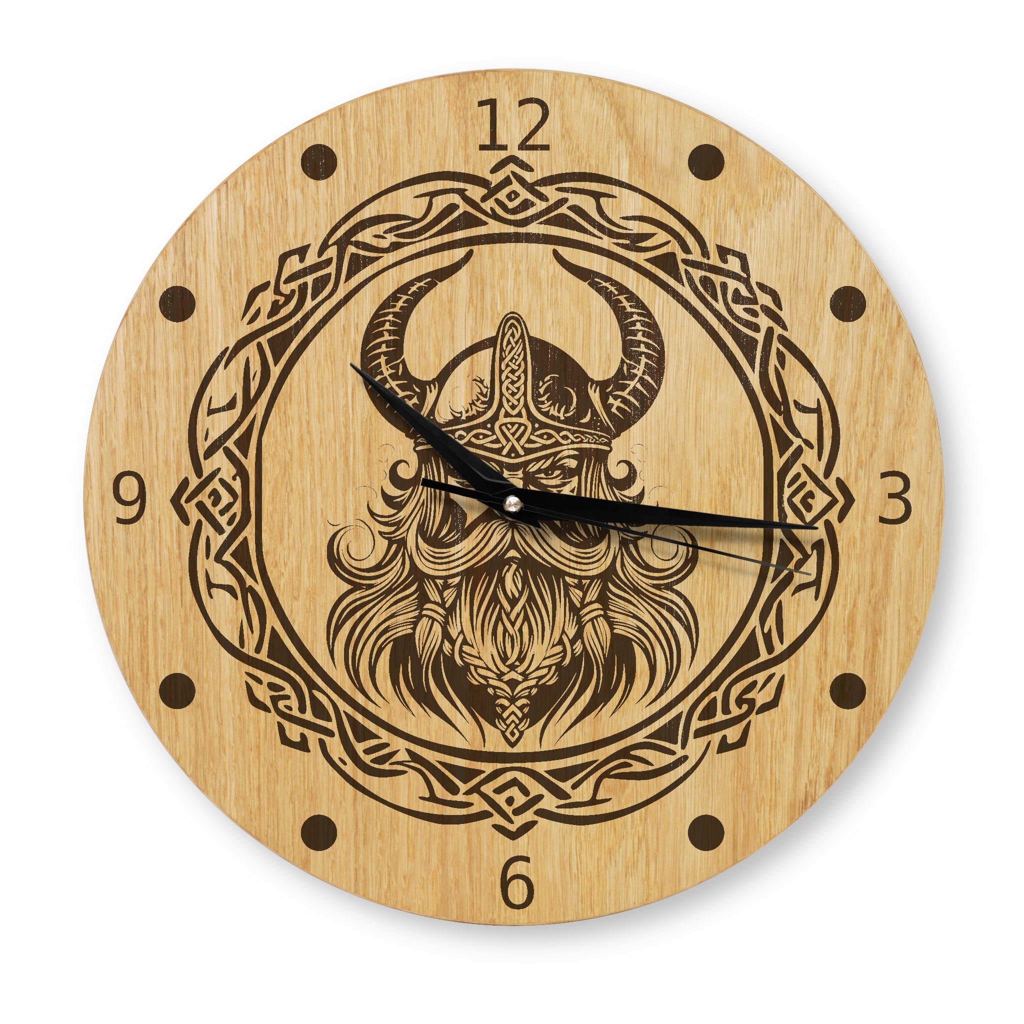 Wikinger Wanduhr Holz - Eiche - Lasergravur Wikingermotiv - 30 cm/40 cm  Wohnzimmeruhr