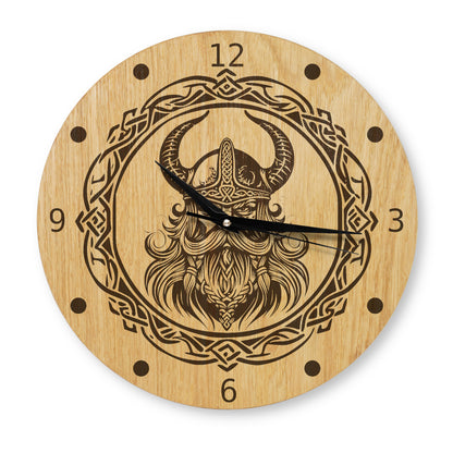 Wikinger Wanduhr Holz - Eiche - Lasergravur Wikingermotiv - 30 cm/40 cm  Wohnzimmeruhr