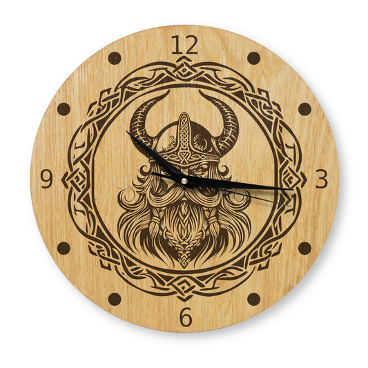 Wikinger Wanduhr Holz - Eiche - Lasergravur Wikingermotiv - 30 cm/40 cm  Wohnzimmeruhr