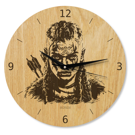 Wikinger Wanduhr mit Kriegerin Motiv - Wohnzimmeruhr rustikal eiche - 30 cm/40 cm Wanduhr