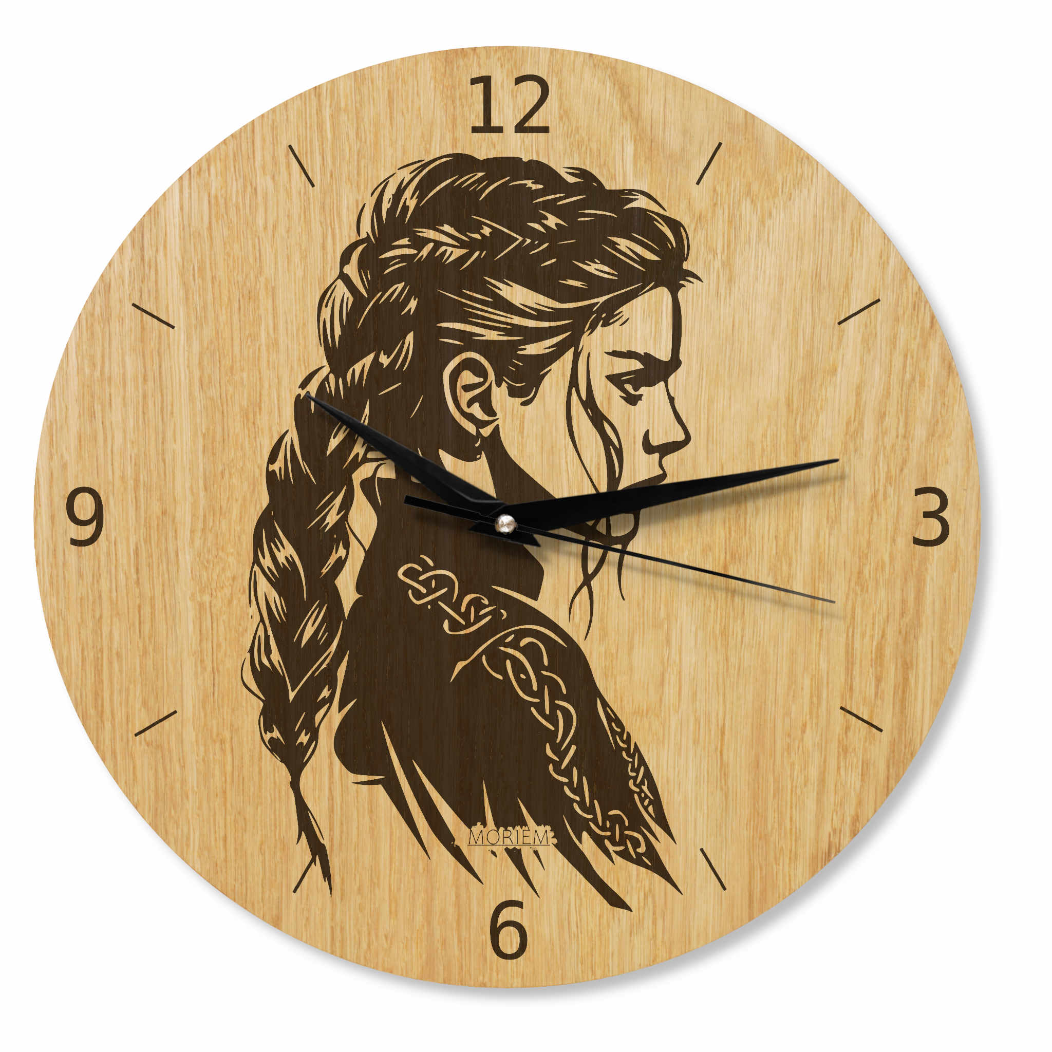 Wanduhr Holz mit Wikinger Frau Motiv - Wohnzimmeruhr rustikal eiche - 30 cm/40 cm Wanduhr