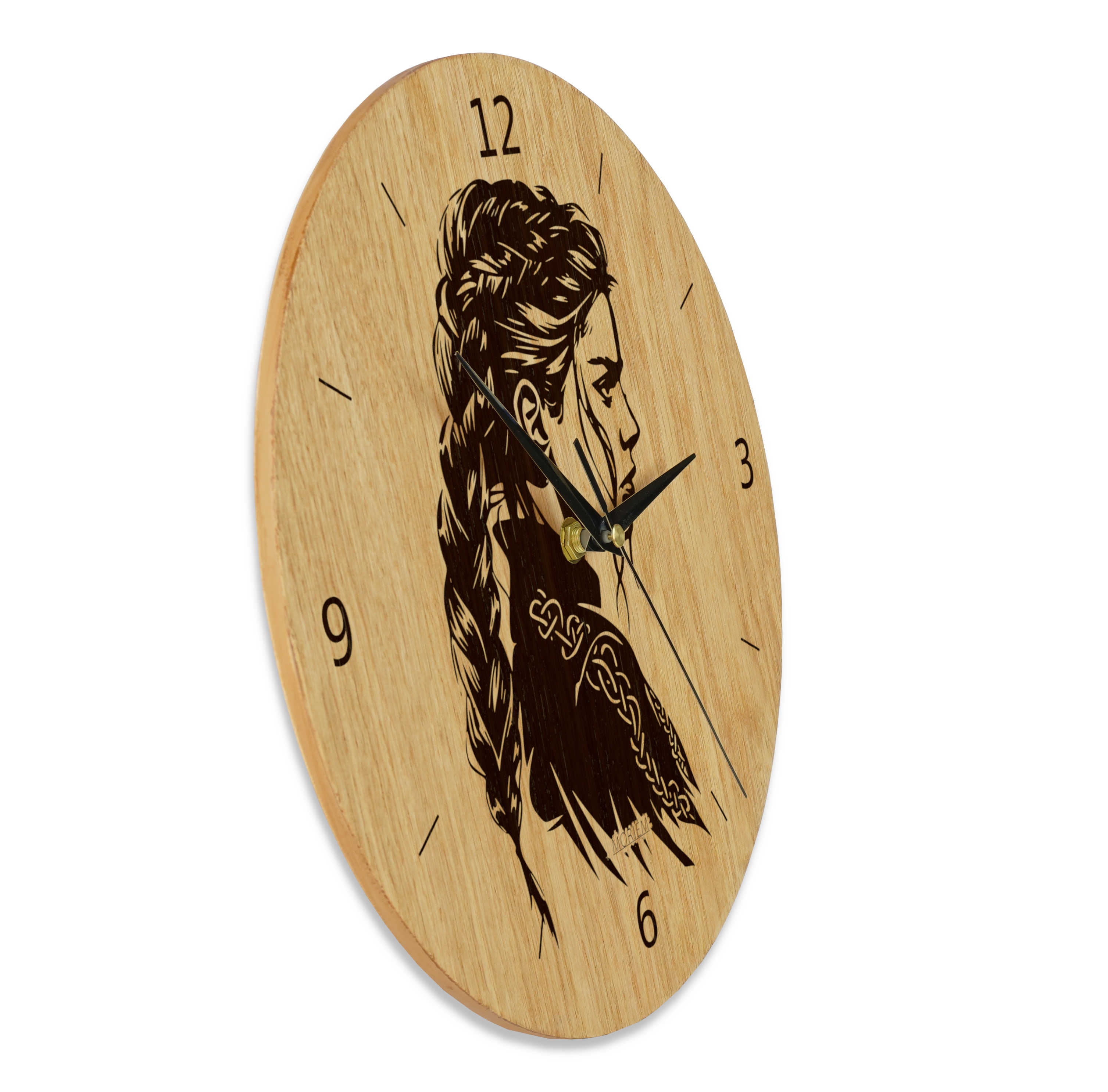 Wanduhr Holz mit Wikinger Frau Motiv - Wohnzimmeruhr rustikal eiche - 30 cm/40 cm Wanduhr