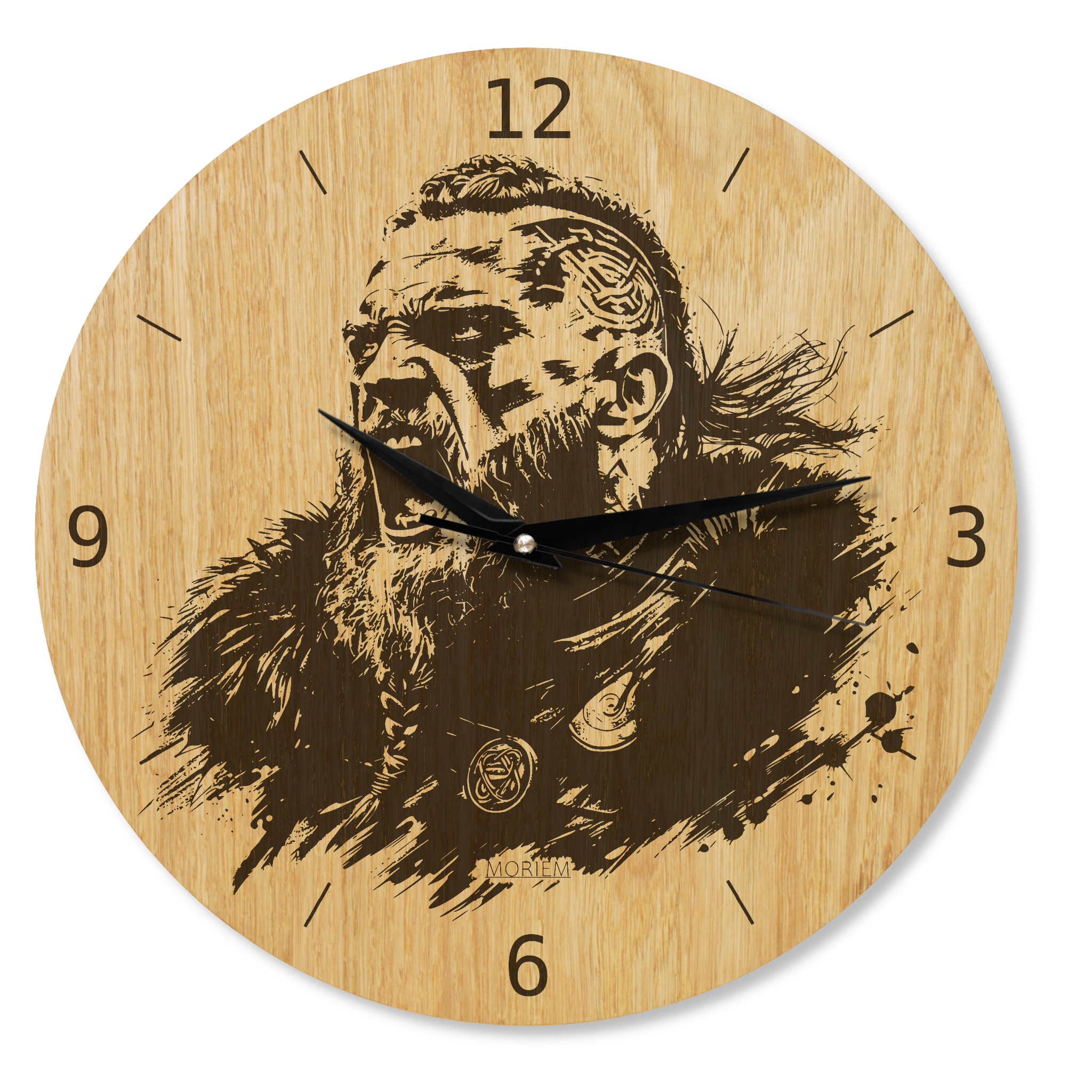 Wikinger Wanduhr Holz - Wikinger Motiv  Wütendem Krieger - Eiche 30 cm/40 cm Runenuhr