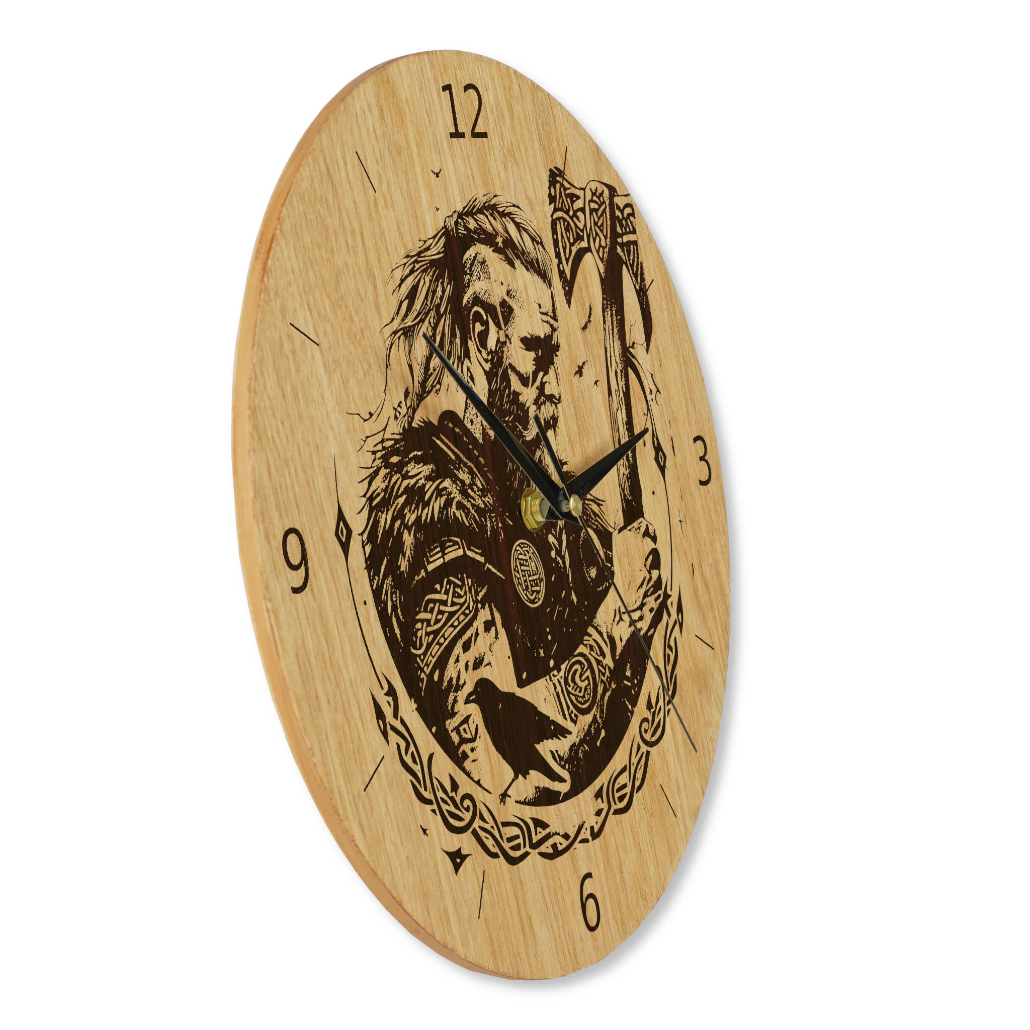 Wanduhr Holz - Wikinger Motiv  Wütendem Krieger - Eiche 30 cm/40 cm Runenuhr