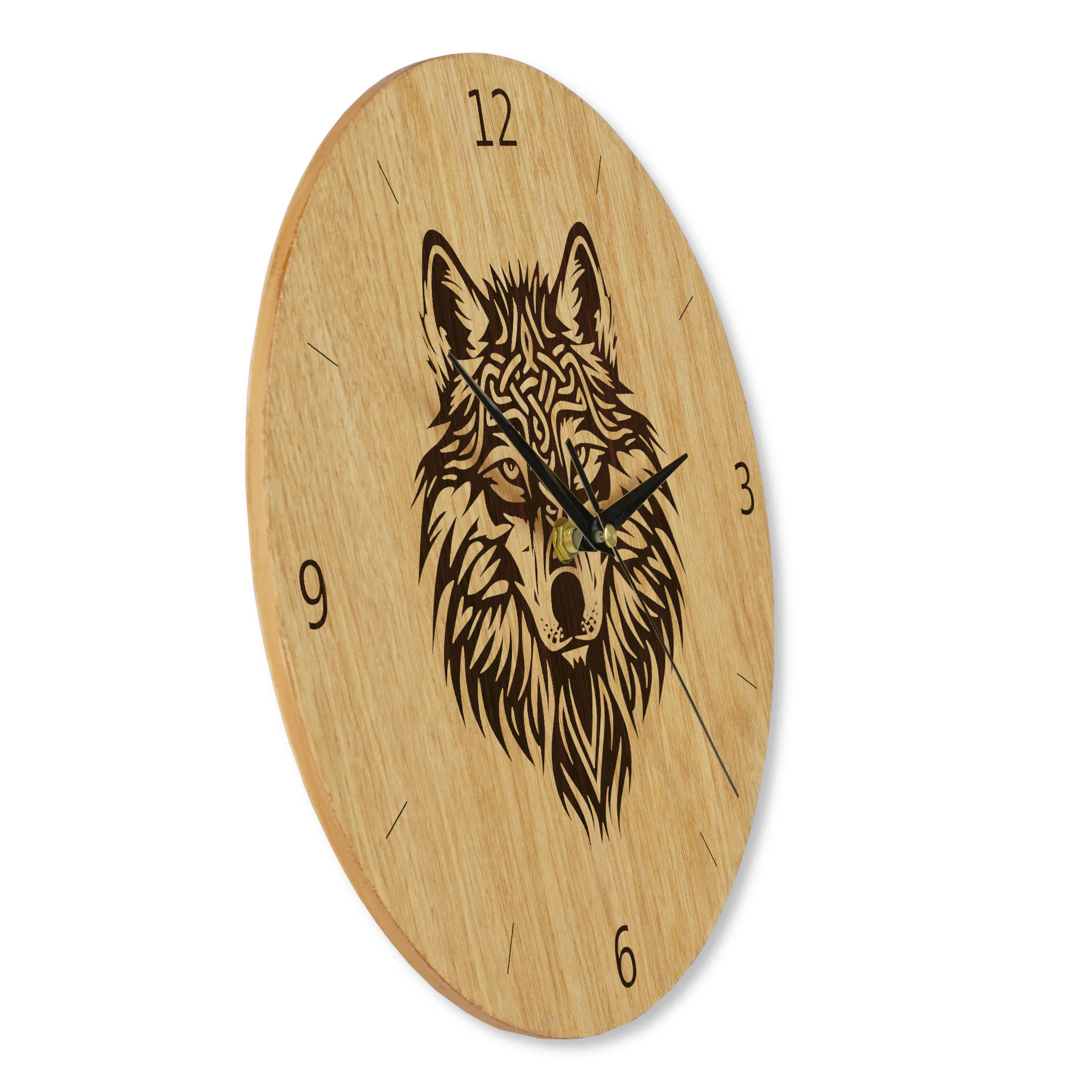 Wanduhr Holz - Wikinger Motiv - Wikinger Wolf - Eiche 30 cm/40 cm Runenuhr