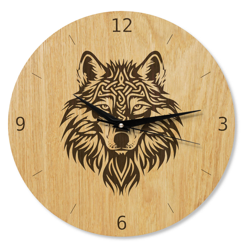 Wanduhr Holz - Wikinger Motiv - Wikinger Wolf - Eiche 30 cm/40 cm Runenuhr