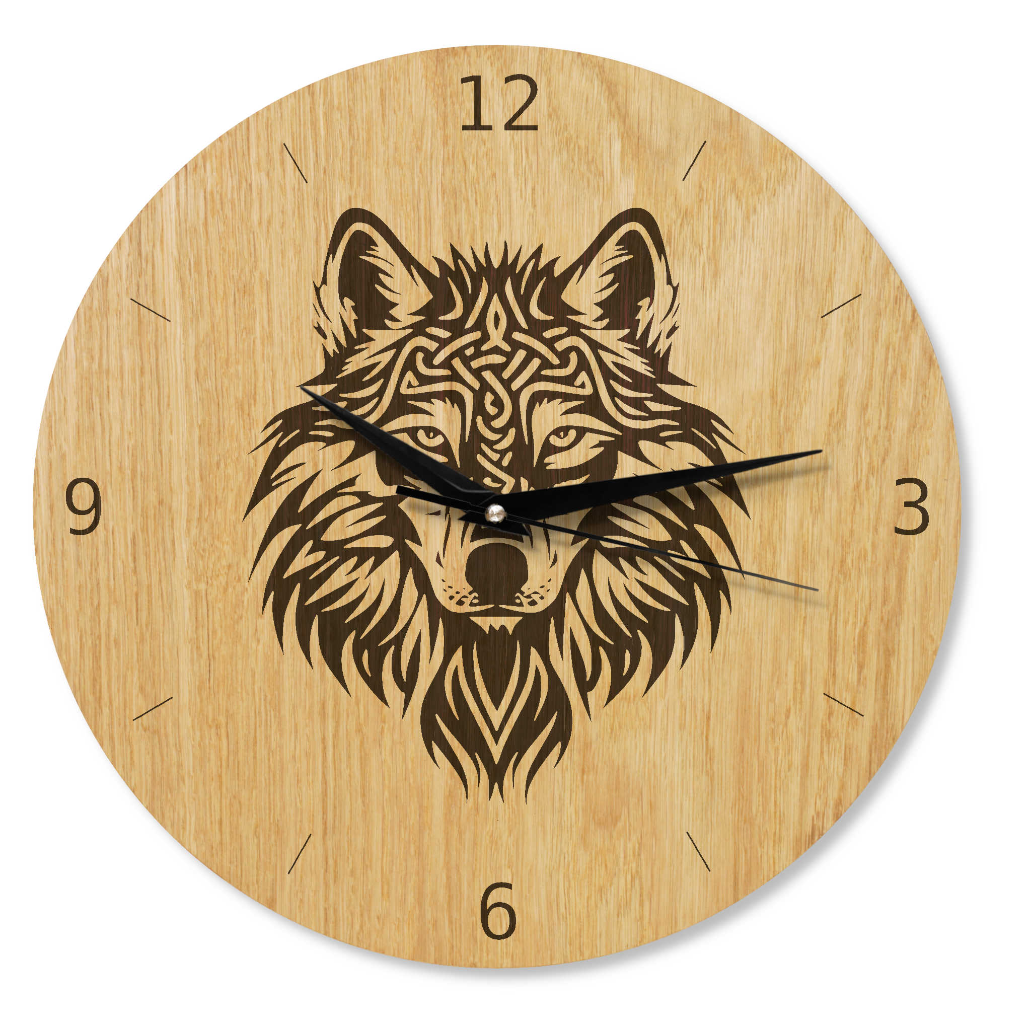 Wanduhr Holz - Wikinger Motiv - Wikinger Wolf - Eiche 30 cm/40 cm Runenuhr