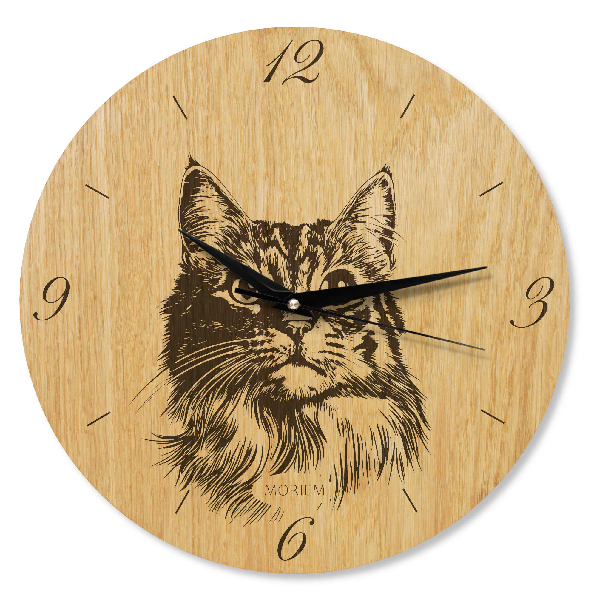 Wohnzimmeruhr modern aus Holz - Wanduhr mit Katzenmotiv - Eiche 30 cm/40 cm groß