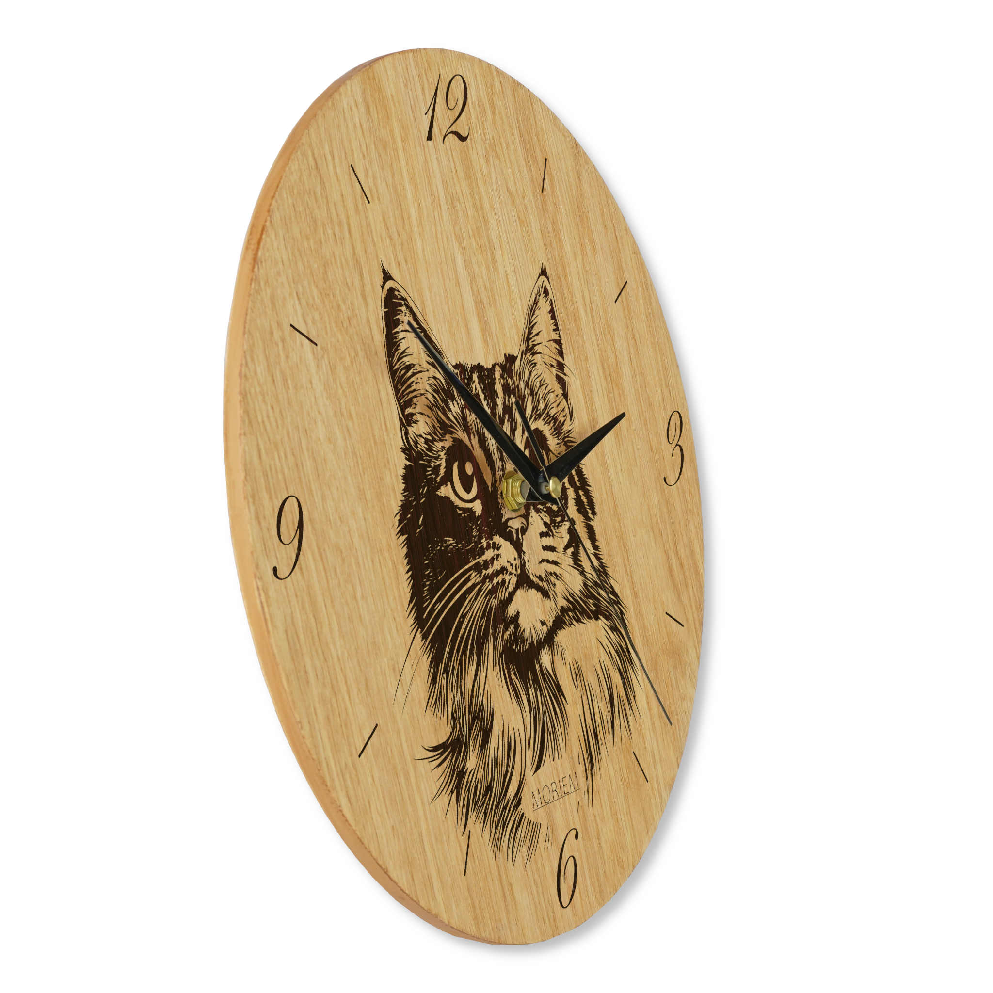 Wohnzimmeruhr modern aus Holz - Wanduhr mit Katzenmotiv - Eiche 30 cm/40 cm groß
