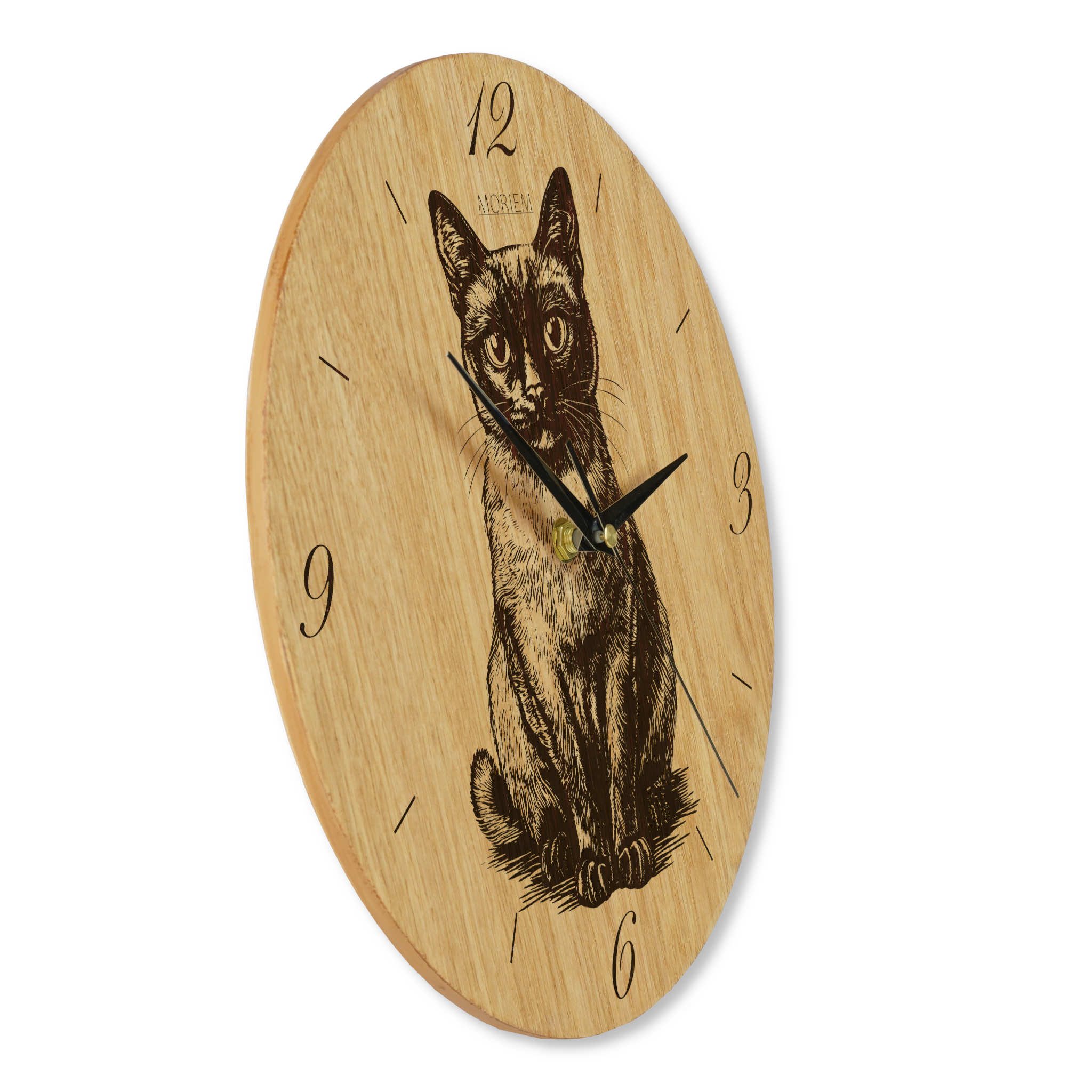 Wohnzimmeruhr aus Holz - Wanduhr mit Katzenmotiv - Eiche 30 cm/40 cm groß