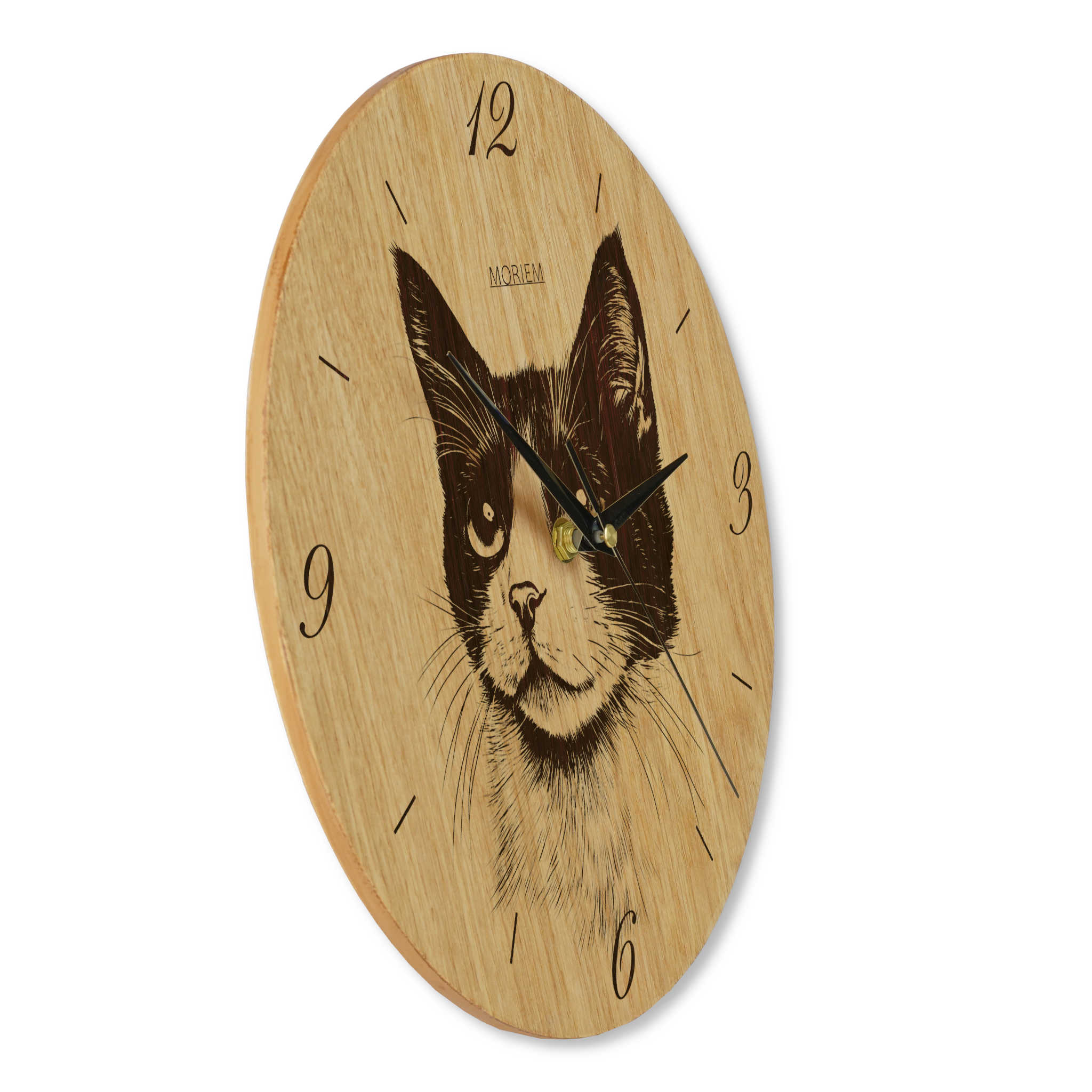 Wanduhr Katze - moderne Wohnzimmeruhr - Eiche 30cm groß