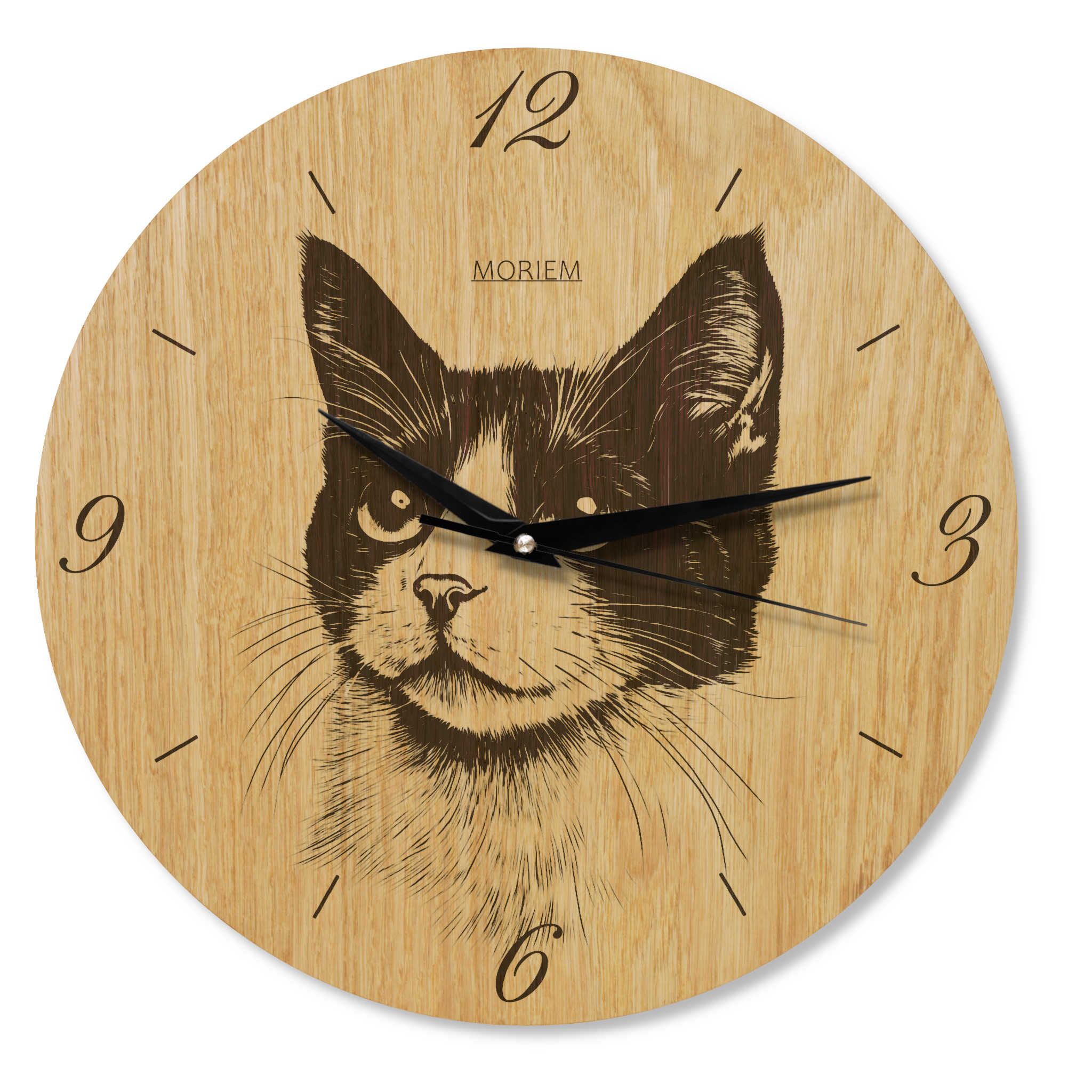 Wanduhr Katze - moderne Wohnzimmeruhr - Eiche 30cm groß