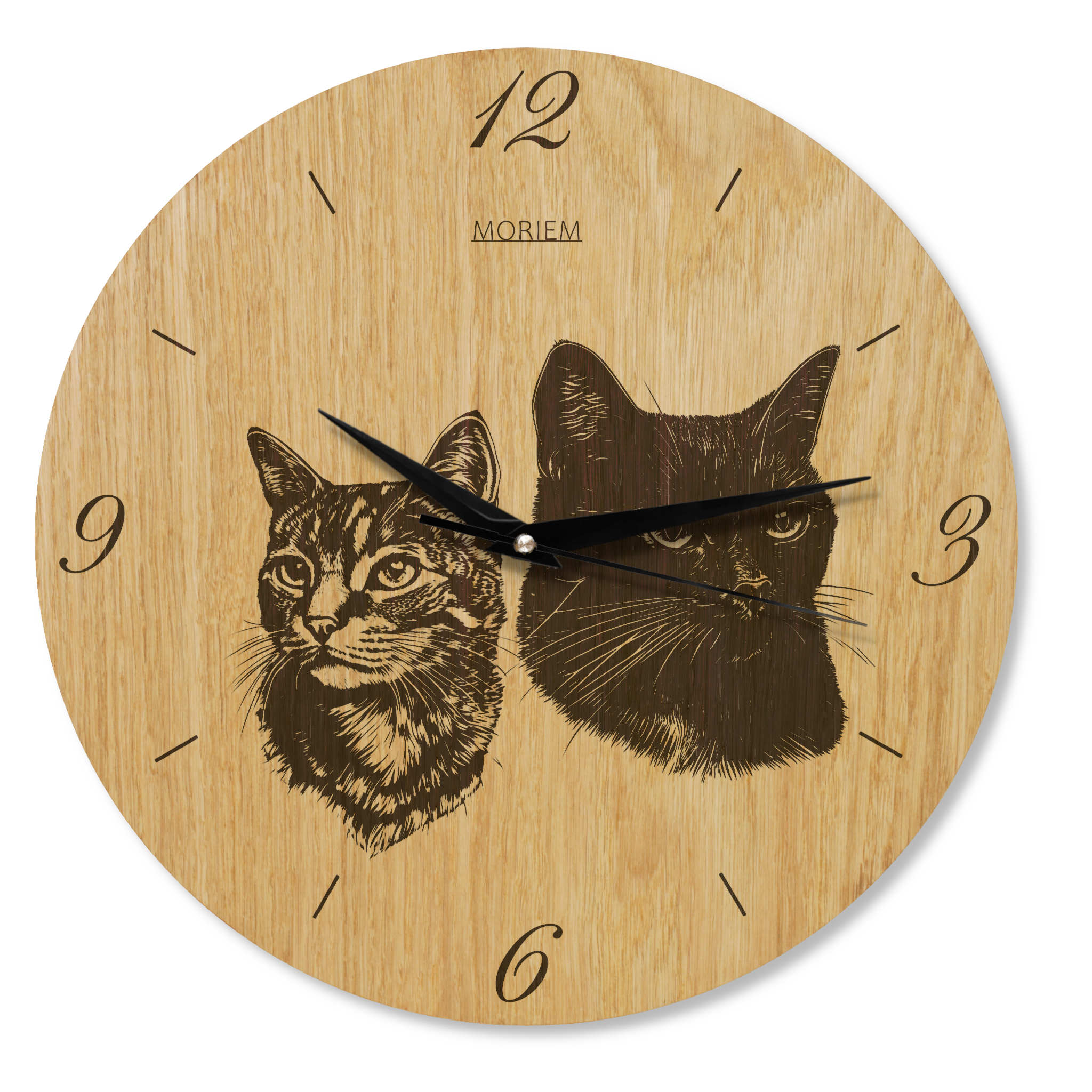Wanduhr Katze -Motiv: zwei Katzen - moderne Wohnzimmeruhr - Eiche 30 cm/40 cm groß