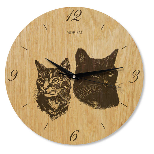 Wanduhr Katze -Motiv: zwei Katzen - moderne Wohnzimmeruhr - Eiche 30 cm/40 cm groß