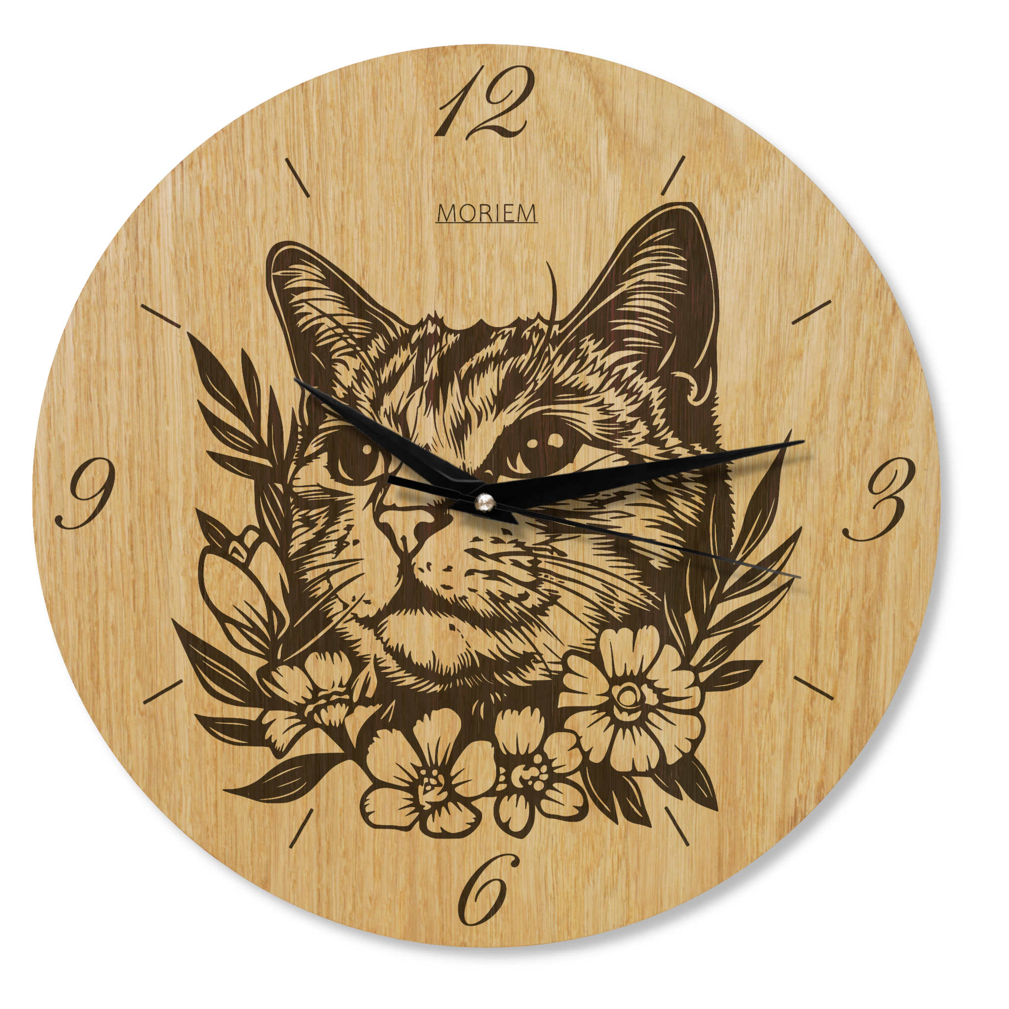 Wanduhr aus Holz - Katze mi Blumen - moderne Wohnzimmeruhr - Eiche 30 cm/40 cm groß