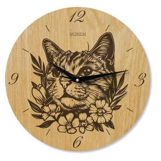 Wanduhr aus Holz - Katze mi Blumen - moderne Wohnzimmeruhr - Eiche 30cm groß