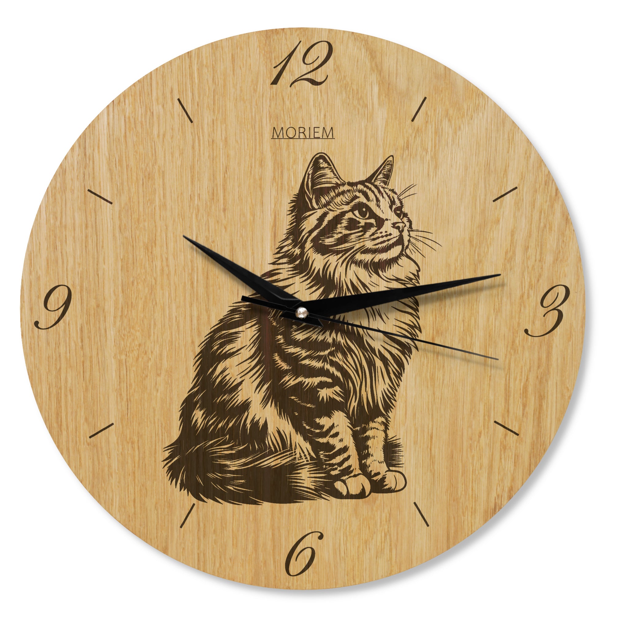 Wanduhr aus Holz - Angorakatze - moderne Wohnzimmeruhr - Eiche 30 cm/40 cm groß