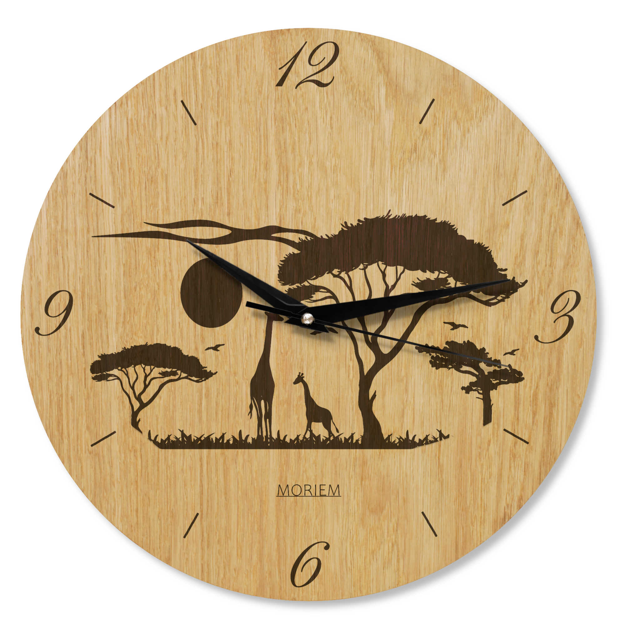 Wohnzimmeruhr aus Holz - Afrika Motiv - moderne Wohnzimmeruhr - Eiche 30 cm/40 cm groß