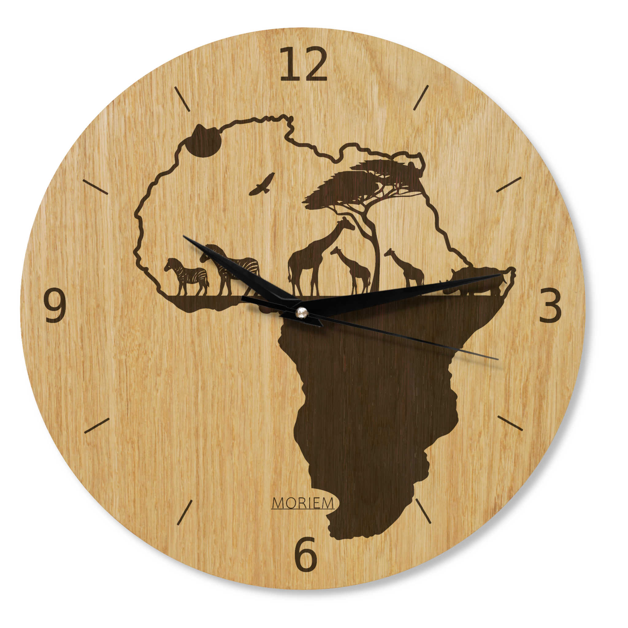 Wohnzimmeruhr Afrika - Motiv Afrika-Siluette - moderne Wohnzimmeruhr - Eiche 30 cm/40 cm groß