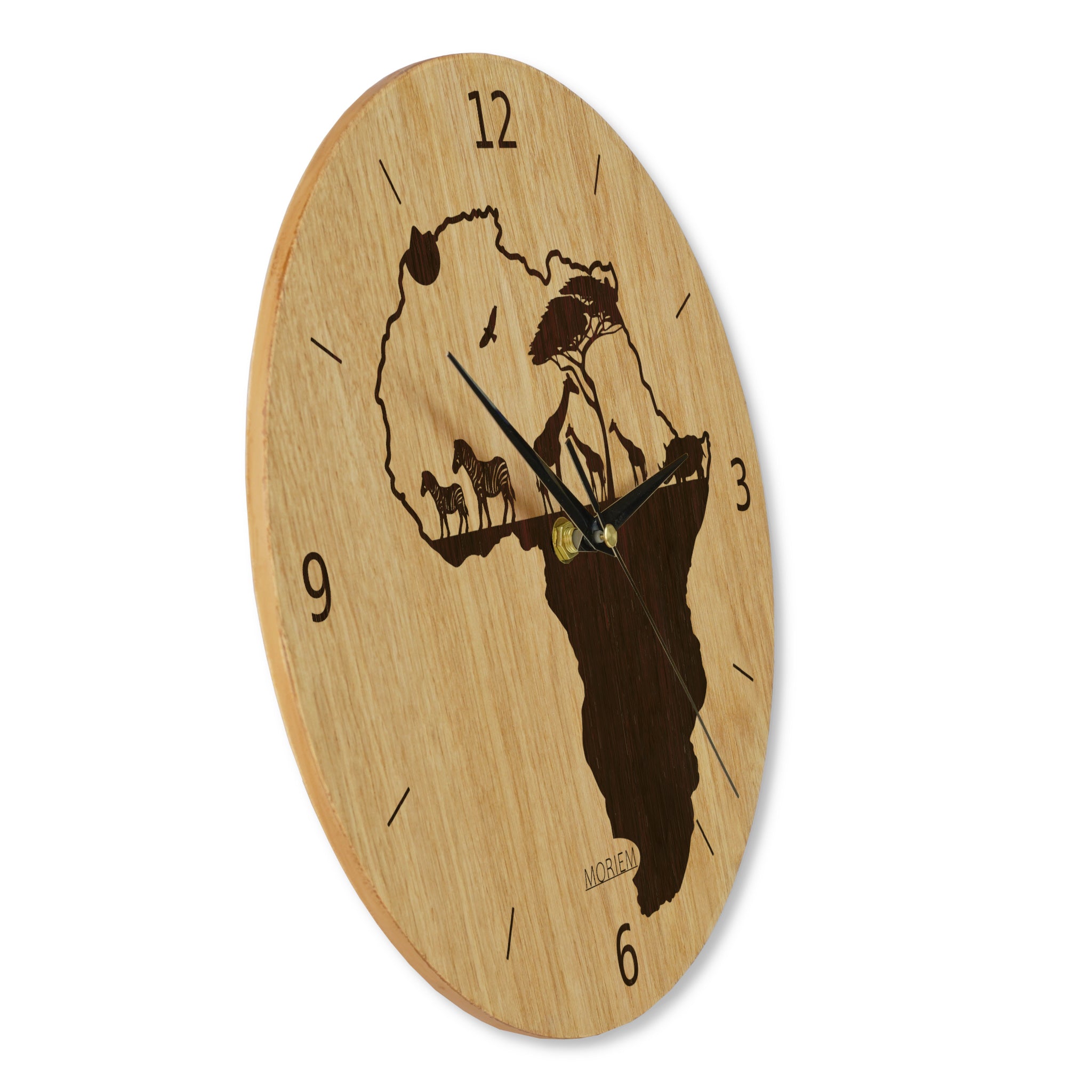 Wohnzimmeruhr Afrika - Motiv Afrika-Siluette - moderne Wohnzimmeruhr - Eiche 30 cm/40 cm groß