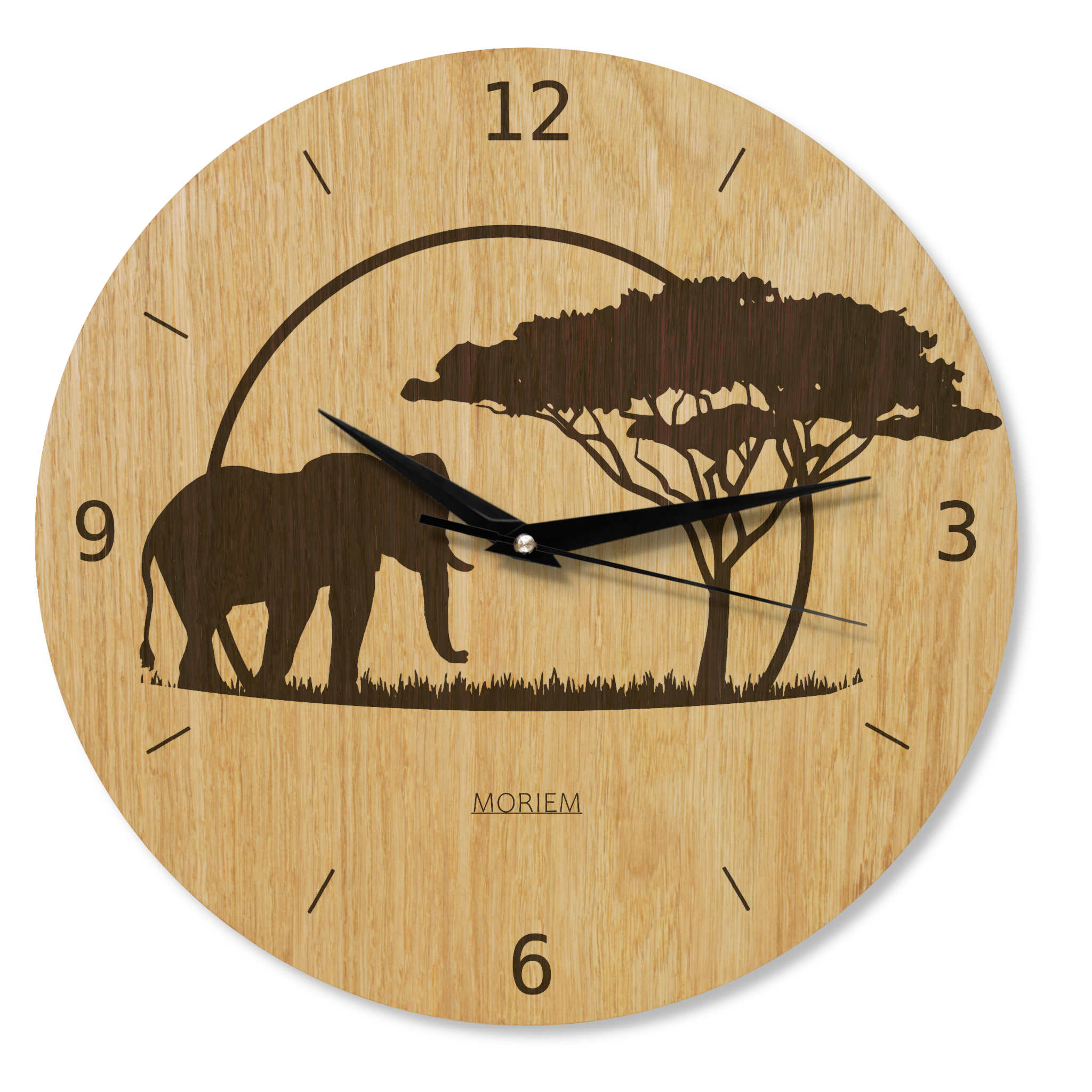 Wanduhr Afrika - Wohnzimmeruhr Holz - Motiv Afrika-Siluette - moderne Wohnzimmeruhr Eiche - 30 cm/40 cm groß