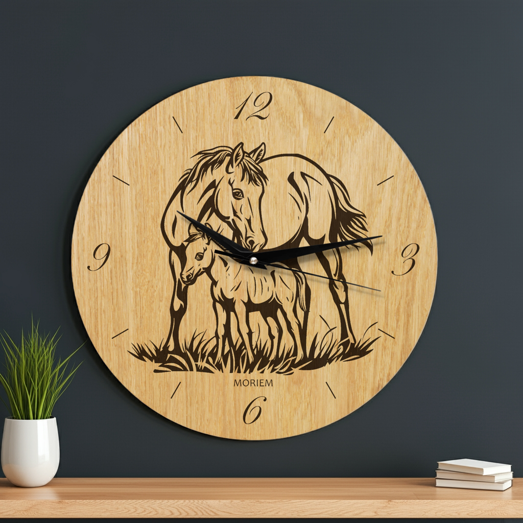 Pferde Wanduhr - Wohnzimmeruhr Motiv Pferd mit Folen - 30 cm/40 cm groß