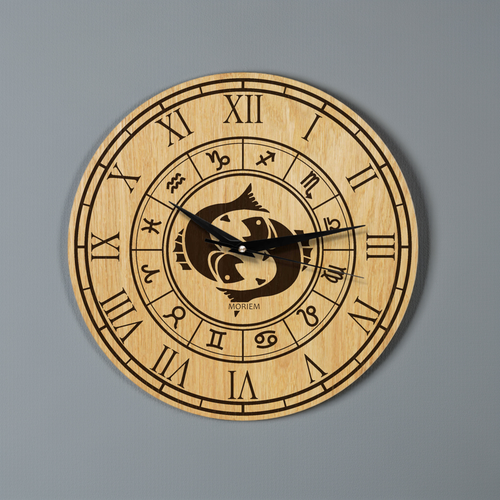 Holz Wanduhr mit Sternzeichen- Motiv Fische - 30 cm/40 cm groß
