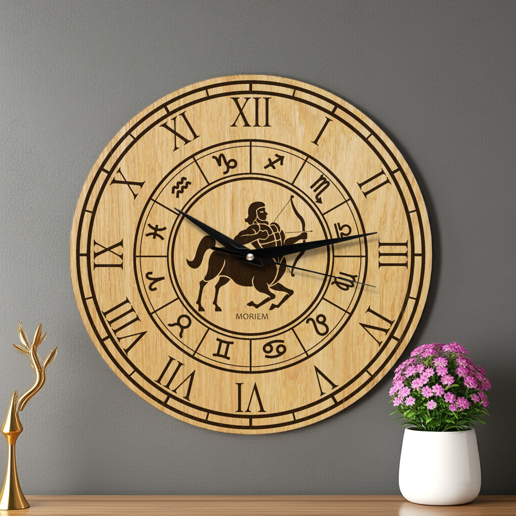 Holz Wanduhr mit Sternzeichen- Motiv Schütze - 30 cm/40 cm groß