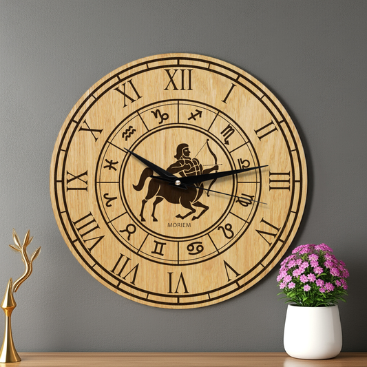 Holz Wanduhr mit Sternzeichen- Motiv Schütze - 30 cm/40 cm groß