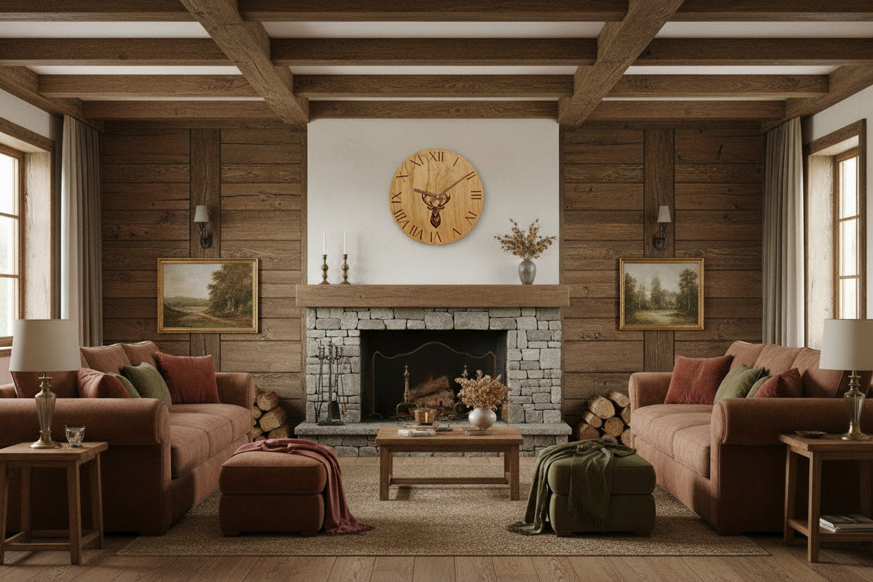 Wanduhr Holz rustikal -  Wohnzimmeruhr mit Hirsch
