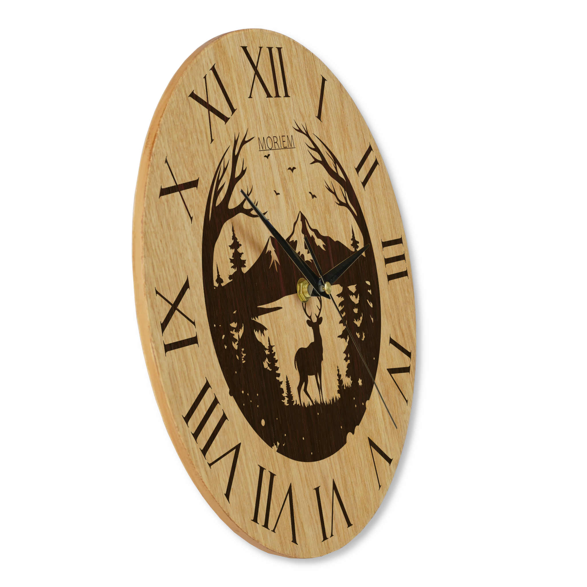 Wanduhr Berge Hirsch Motiv - rustikal -  Wohnzimmeruhr Eiche - 30 cm/40 cm groß