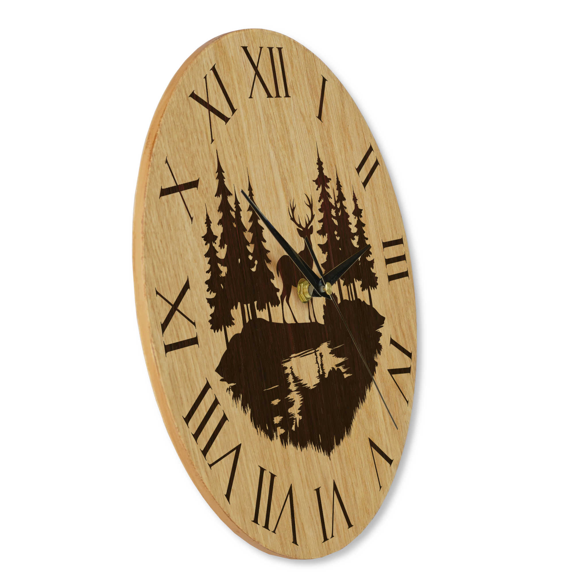Wanduhr Berge Hirsch Motiv - rustikal -  Wohnzimmeruhr - Eiche - 30 cm/40 cm groß