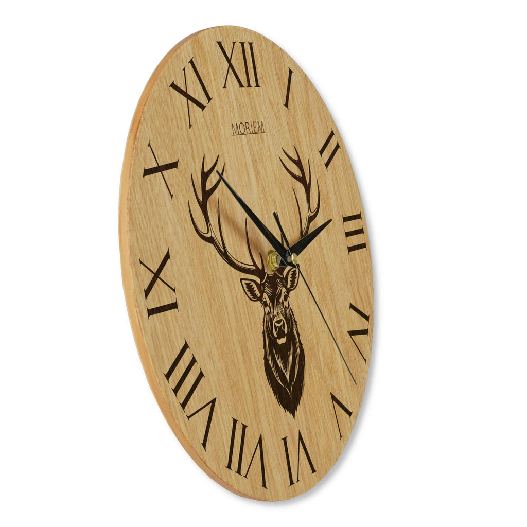 Wanduhr Holz rustikal -  Wohnzimmeruhr mit Hirsch Motiv - 30 cm/40 cm groß