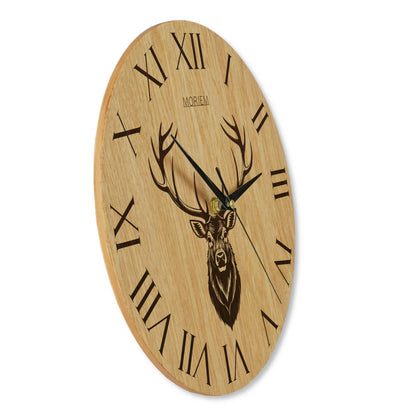 Wanduhr Holz rustikal -  Wohnzimmeruhr mit Hirsch Motiv - 30 cm/40 cm groß