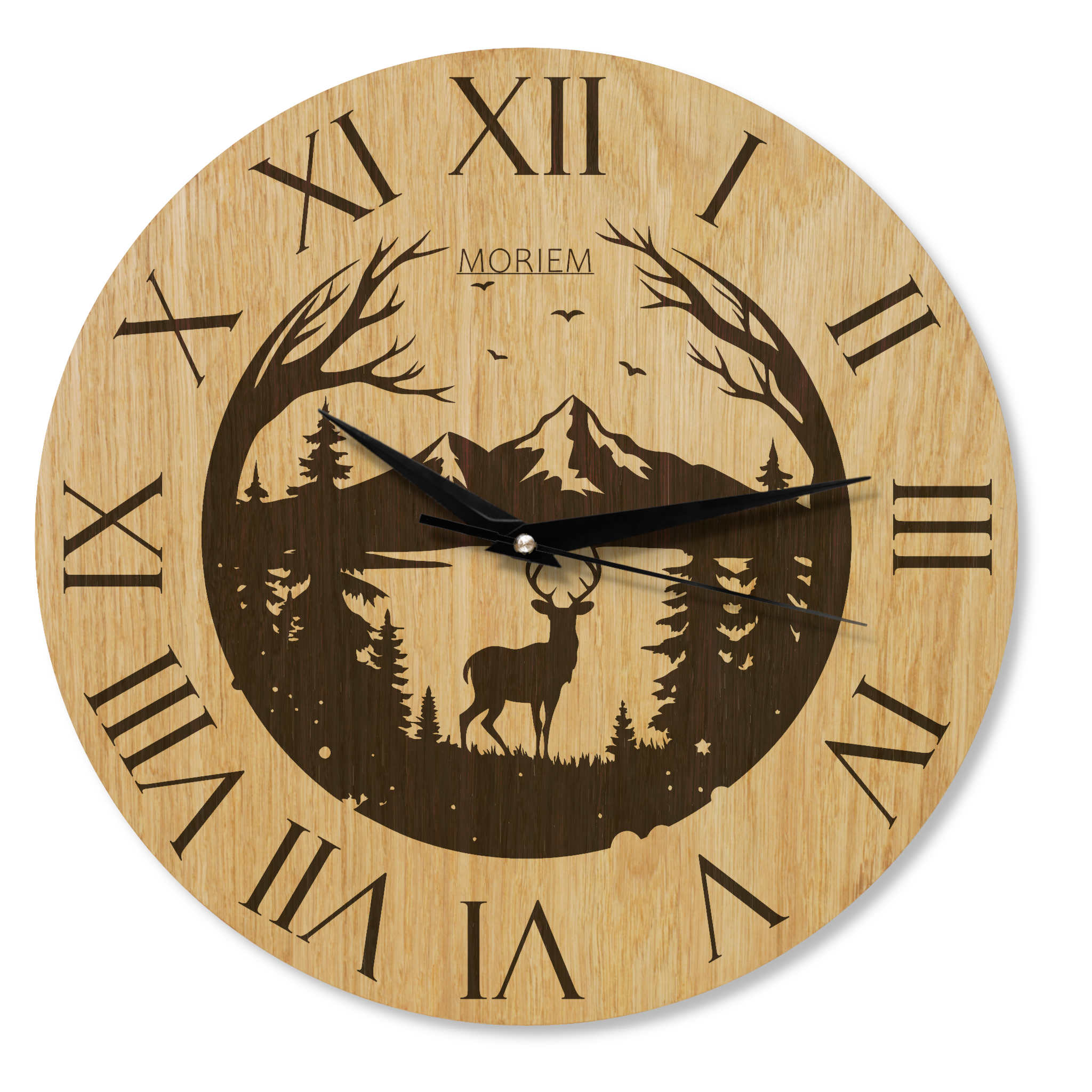 Wanduhr Berge Hirsch Motiv - rustikal -  Wohnzimmeruhr Eiche - 30 cm/40 cm groß